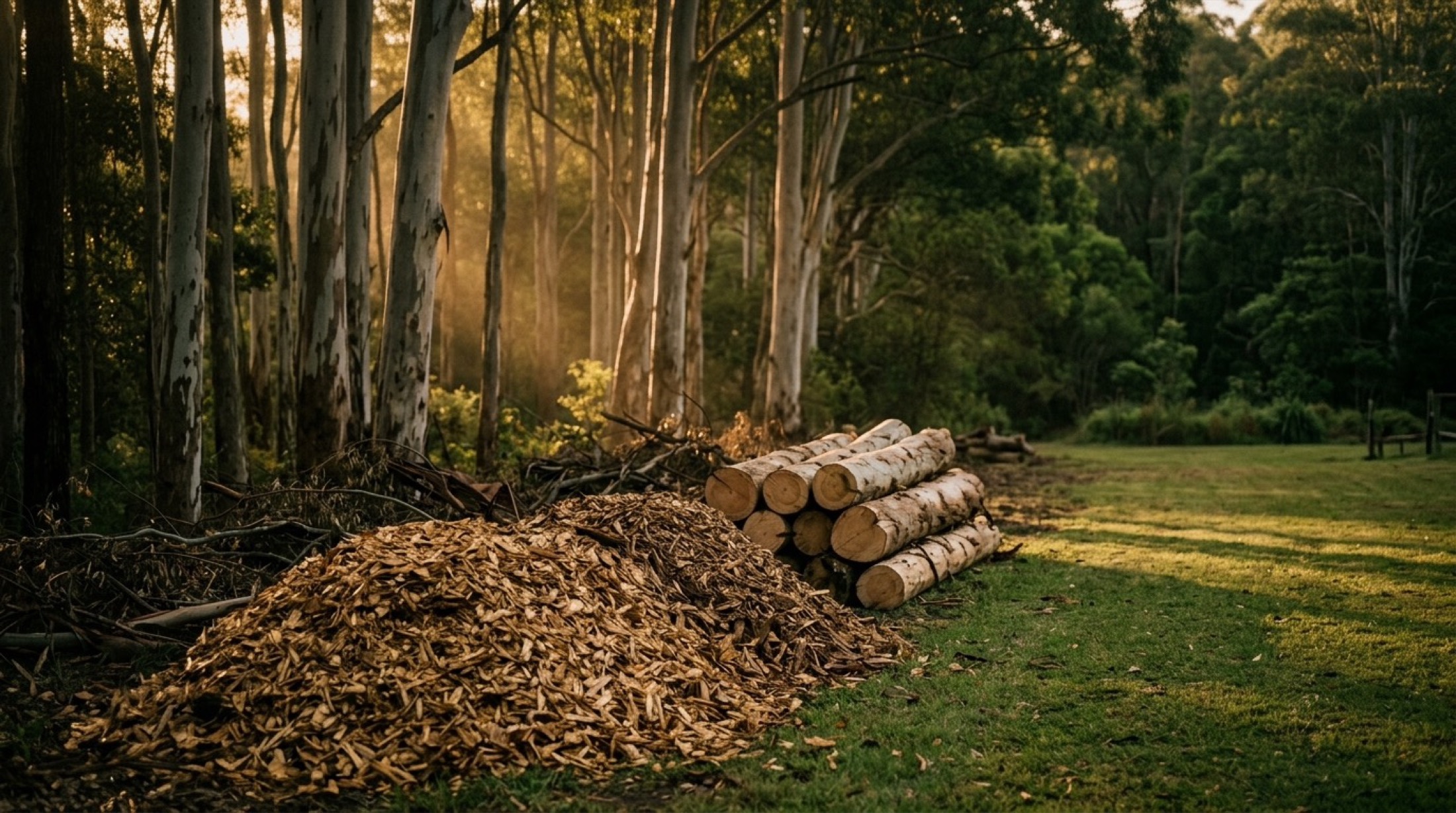 Cut logs and woodchip at golden hour after a tree job